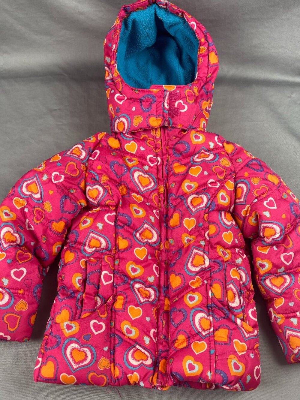 Girl 24month Heart Print Winter Puffer Coat Jacket Pink Blue Fleece Lined Hooded